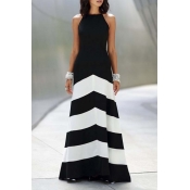 New Elegant A-Line Color Block Criss Cross Back Maxi Dress