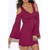 Plain V-Neck Cut Out Shoulder Bell Sleeve Cut Out Back Sexy Mini Dress