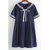 Sweet Summer Bows Front Striped Trim Loose Short Sleeve Cute Dress