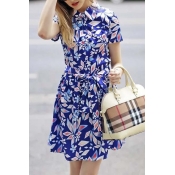 Colorful Lapel Button&Bows Embellish Short Sleeve A-Line Mini Dress