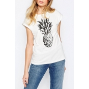 Simple Fashion Round Neck Cap Sleeve Casual Fruit Print Tee