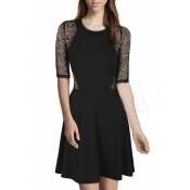 Simple Fashion Round Neck Lace Sheer Sleeve A-Line Mini Dress