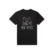 Personality Round Neck Short Sleeve Cat&Letter Print Casual Tee