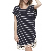 Round Neck Short Sleeve Striped Loose Casual Dress