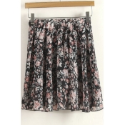 Fashion Women Chiffon Doubled Layer Shirred Waist Floral Mini Short Skirt