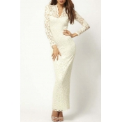 Elegant Long Sleeve Lace V-Neck Sheer Sexy Maxi Dress