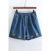 Chic Elastic Waist High Quality Flower Embellish Loose Denim Shorts