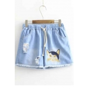 Cute Cat Embellish Ripped Denim Shorts