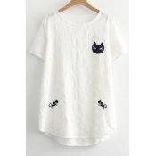 Kawaii Cat Embroidery Round Neck Short Sleeve Casual Top