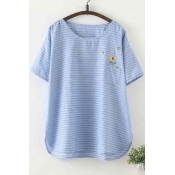 Sun Flower Embroidery Round Neck Short Sleeve Striped Loose Top