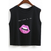 Fashionable Letter Lips Print Sleeveless Crop Top