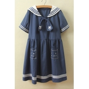 Kawaii Cat Embroidery Lapel Short Sleeve Cute Dress