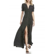 Polka Dot Summer Fashion Short Sleeve Split Front Maxi Dress
