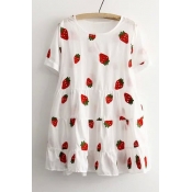 Sweet Strawberry Print Short Sleeve Round Neck Ruffle Dress