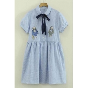 Cute Lapel Short Sleeve Cartoon Embellish Somck Dress