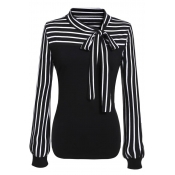 Ladies Tie-bow Neck Striped Long Sleeve Splicing Autumn Shirt