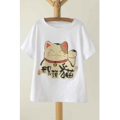 Comfortable Style Round Neck Short Sleeve Graphic Cat Print Tee&Top