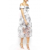 Sexy Off The Shoulder Floral Print Sheer Midi Dress