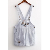 Cartoon Embroidery Striped Chic Overall Shorts