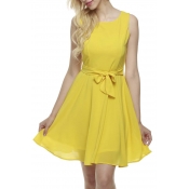 Women Chiffon Summer Sleeveless A-line Pleated Party Cocktail Dress With Belt