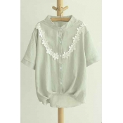 Stand Up Collar Short Sleeve Button Down Flower Applique Chic Top&Blouse