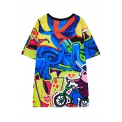 Personality Colorful Round Neck Short Sleeve Cartoon Print Chic Tee