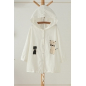 Cute Cat Print Hooded Button Down Long Sleeve Thin Coats