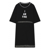 Fish Line Short Sleeve Round Neck Sheer Letter Print Icon Dress