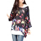 Womens Floral Batwing Sleeve Beach Loose Blouse Tunic Tops