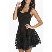 Womens Floral Lace Skater Pleated Party Casual Dress