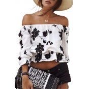Sexy Printed off-shoulder Floral Crop Top Blouse