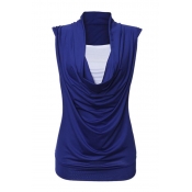 Womens Ruched 2 In 1 Cowl Neck Ladies Sleeveless Jersey Vest T Shirt Tank Top