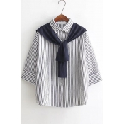 Sailor Style Lapel Striped 3/4 Sleeve Button Down Loose Blouse Top