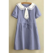 Popular The Navy Style Short Sleeve Drawstring Wasit A-Line Mini Dress