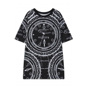 Cool Round Neck Short Sleeve Clock Print Icon T-Shirt