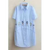 Cute Girls Embroidery Patchwork Short Sleeve Button Down Shirt Dress
