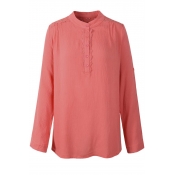 Women Lace Crepe Button Blouse Long Sleeve Top Henley Shirts