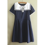 Young Style Contrast Neck Bow Embellish Short Sleeve Sweet Dress
