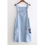 Two Pockets Front Cute Cat Print Cuasual Denim Overall Dress