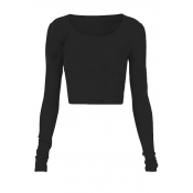 Fashion Womens Long Sleeve Crop Top Round Neck T Shirt Blouse