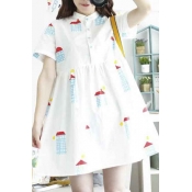 Kawaii Stand Up Collar Short Sleeve Cute Cartoon Print A-Line Mini Dress