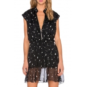 Fashion V-Neck Cap Sleeve Star Print Zip Front Embellish Sheer Hem Chic Mini Dress