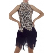 Women's Sequin Paisley High Neck Fringe Hem Dress