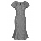 Women's Vintage Houndstooth-Print Bow Slim Retro Evening Dress