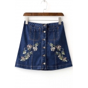Women's Floral Embroidered Button Front A-line Skirt
