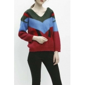 Women's V-neck Long Sleeve Color Block Sweater