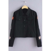 Women's Lapel Neck Embroidered Buckled Pocket Detail Coat