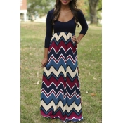 Womens Fashion 3/4 Sleeve Casual Contrast Color Striped Maxi Dress