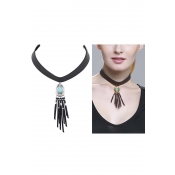 women's Turquoise Collar Tassel Brief Paragraph Leather Necklace