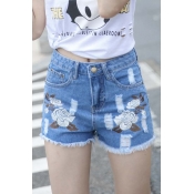 Women's Blue Mid Waist Ripped Hole Washed Denim Shorts Jeans
